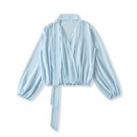 Gentle style ribbon V-neck long-sleeved waisted casual shirt - Thumbnail 2