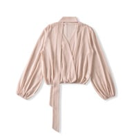 Gentle style ribbon V-neck long-sleeved waisted casual shirt - Thumbnail 3