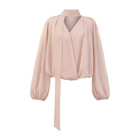 Gentle style ribbon V-neck long-sleeved waisted casual shirt - Thumbnail 5