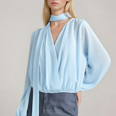 Gentle style ribbon v-neck long-sleeved waisted casual shirt