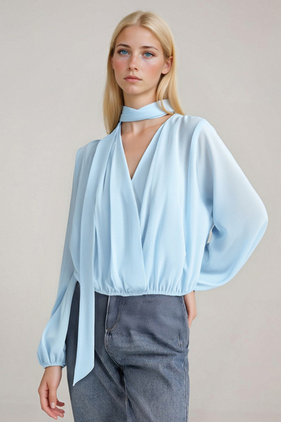 Gentle style ribbon V-neck long-sleeved waisted casual shirt