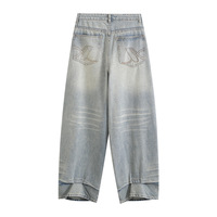 Retro back hem stacked loose wide-leg lazy style casual jeans - Thumbnail 1