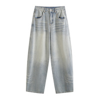 Retro back hem stacked loose wide-leg lazy style casual jeans - Thumbnail 2