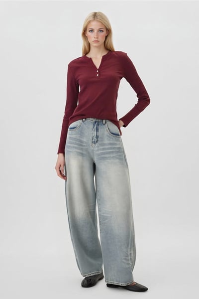 Retro back hem stacked loose wide-leg lazy style casual jeans