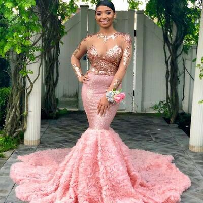 Pink graduation dresses: long sleeve mermaid prom gown for black girls, formal evening party dress, plus size available - Thumbnail 2