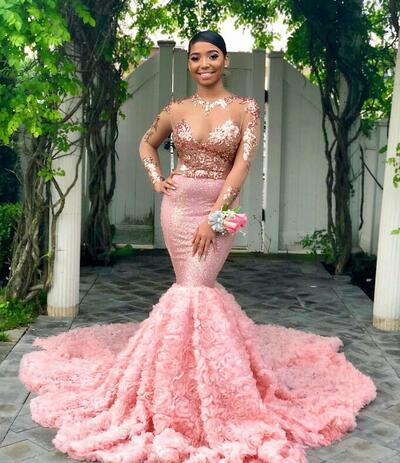 Pink Graduation Dresses: Long Sleeve Mermaid Prom Gown for Black Girls, Formal Evening Party Dress, Plus Size Available