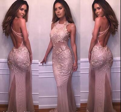 Long Pink Formal Gown: Halter Applique Open Back Evening Dress - Plus Size Prom Party Gown