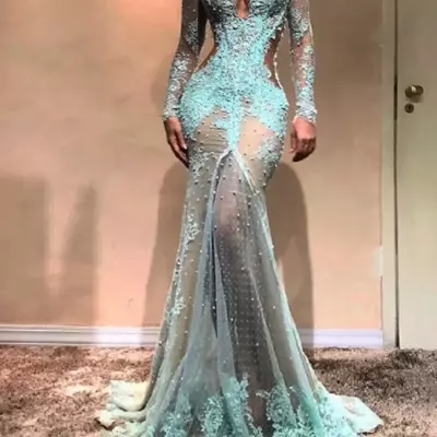 Lace mermaid prom dresses: high neckline evening gown | illusion cutaway side formal dress