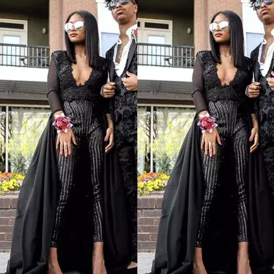 Black formal jumpsuits: elegant long sleeve prom gowns, black prom dress for pageants & evening events, plus sizes available