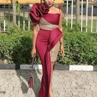 One-shoulder burgundy mermaid evening dress | handmade floral lace plus size prom gown - Thumbnail 1