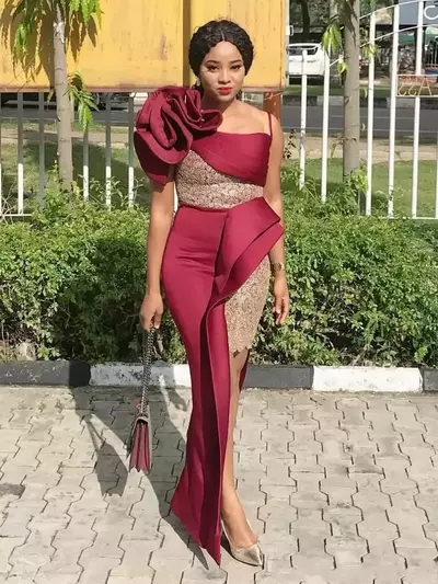 One-Shoulder Burgundy Mermaid Evening Dress | Handmade Floral Lace Plus Size Prom Gown