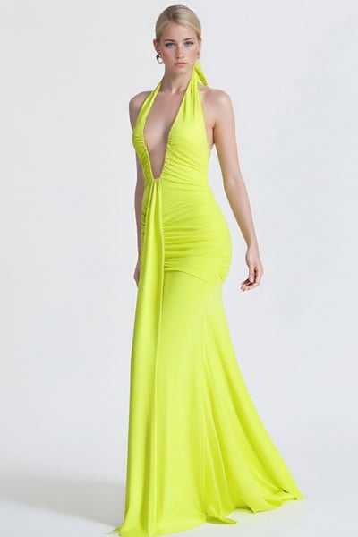 Elegant halterneck V-neck open back lace-up maxi dress with gathered skirt