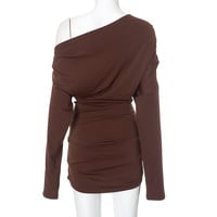 Sexy mature solid color long-sleeved off-shoulder loose short dress - Thumbnail 3