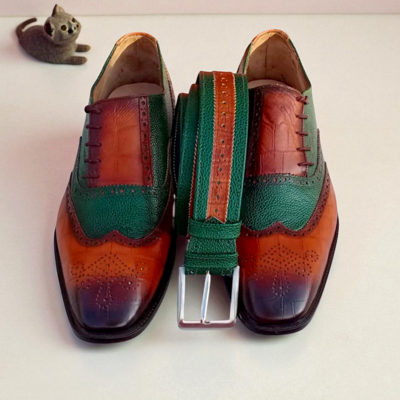 Crafted leather classic green grain tan crocodile/alligator leather side laces dress shoes - Thumbnail 2