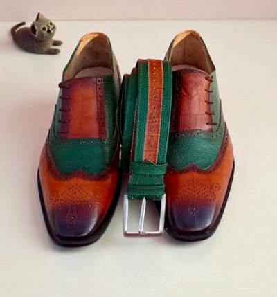 Crafted Leather Classic Green Grain Tan Crocodile/Alligator Leather Side Laces Dress Shoes