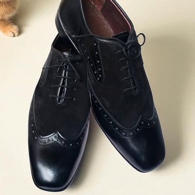 Crafted leather classic men black calf suede leather wingtip dress shoes - Thumbnail 1