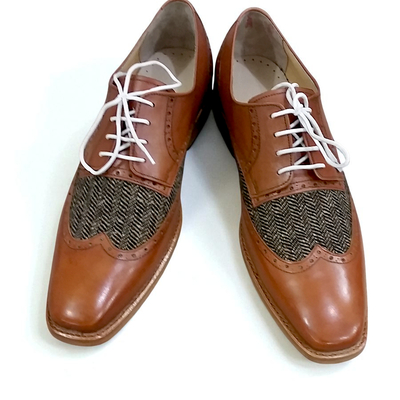 Crafted leather classic brown leather and tweed contrast wingtip oxford dress lace up shoes - Thumbnail 3