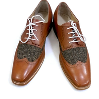 Crafted Leather Classic Brown Leather and Tweed Contrast Wingtip Oxford Dress Lace up Shoes - Thumbnail 1