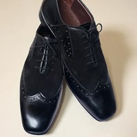 Crafted Leather Classic Men Black Calf Suede Leather Wingtip Dress Shoes - Thumbnail 3