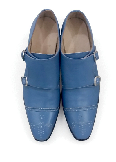 Crafted Leather Classic Blue Leather Monk Strap Dress Shoes