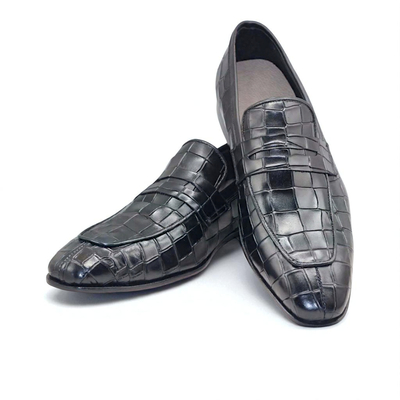 Crafted Leather Classic Black Crocodile/Alligator Leather Moccasin Loafers Dress Shoes
