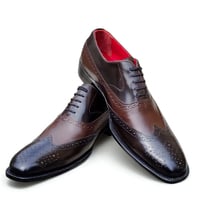 Crafted Leather Classic Men Brown Black Leather Wingtip Oxford Dress Shoes - Thumbnail 1
