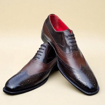 Crafted leather classic men brown black leather wingtip oxford dress shoes - Thumbnail 2