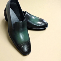 Crafted Leather Classic Men Green Leather Moccasin Formal Loafers Dress Shoes - Thumbnail 1