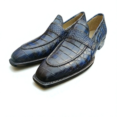 Crafted Leather Classic Blue Crocodile/Alligator Leather Moccasin Loafers Dress Shoes