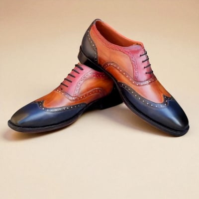 Crafted Leather Classic Men Brown Blue Leather Wingtip Oxford Dress Shoes