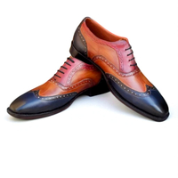 Crafted Leather Classic Men Brown Blue Leather Wingtip Oxford Dress Shoes - Thumbnail 1