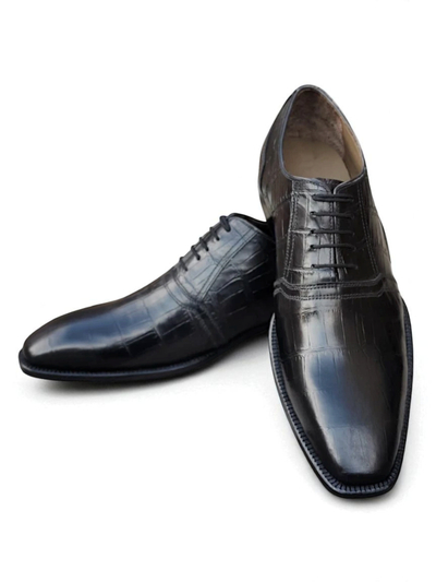 Crafted Leather Classic Black Crocodile Leather Alligator Lace up Dess Shoes