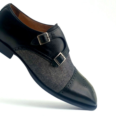 Crafted leather classic black leather and tweed contrast double monk strap dress shoes - Thumbnail 2
