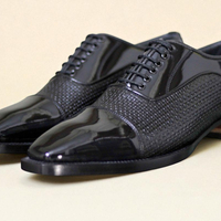 Crafted Leather Classic Black Patent / Woven Leather Oxford Lace up Dress Shoes - Thumbnail 1