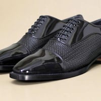 Crafted Leather Classic Black Patent / Woven Leather Oxford Lace up Dress Shoes - Thumbnail 2