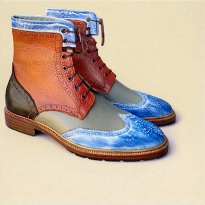 Crafted leather classic dress shoes multi color leather ankle high wingtip boot
