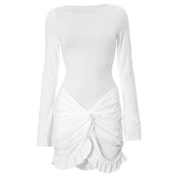 Solid color casual round neck long sleeve hip-wrapped slim short dress - Thumbnail 2