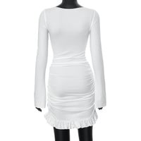 Solid color casual round neck long sleeve hip-wrapped slim short dress - Thumbnail 3