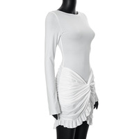 Solid color casual round neck long sleeve hip-wrapped slim short dress - Thumbnail 4