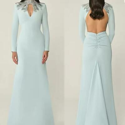 Customized luxury blue jersey evening dress high collar long sleeves celebrity gowns bespoke occasion gowns crystal