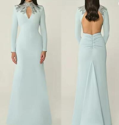 Customized Luxury Blue Jersey Evening Dress High Collar Long Sleeves Celebrity Gowns Bespoke Occasion Gowns Crystal
