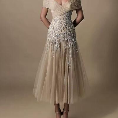 Customized fashion organza a-line off the shoulder appliques sequined evening dress high quality tea length vestidos 