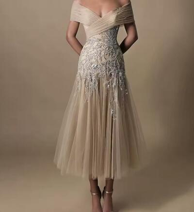 Customized Fashion Organza A-Line Off the Shoulder Appliques Sequined Evening Dress High Quality Tea Length vestidos 