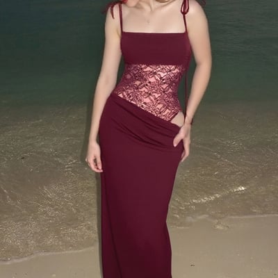 Lace-panel half-high neck slim-fit transparent sexy dress - Thumbnail 2