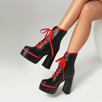 Color Block Lace Up Platform Chunky Heeled Boots - Thumbnail 1