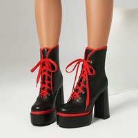 Color Block Lace Up Platform Chunky Heeled Boots - Thumbnail 2