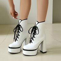 Color Block Lace Up Platform Chunky Heeled Boots - Thumbnail 5