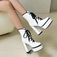 Color Block Lace Up Platform Chunky Heeled Boots - Thumbnail 3