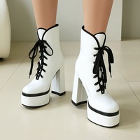 Color Block Lace Up Platform Chunky Heeled Boots - Thumbnail 4