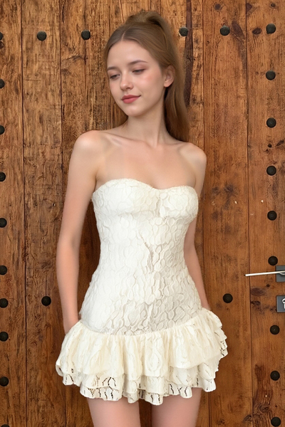 Solid color tube top lace see-through high waist dress